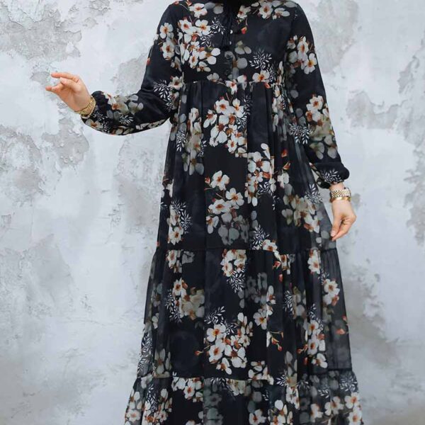 فستان حجاب أسود منقوش بالزهور 22053s
