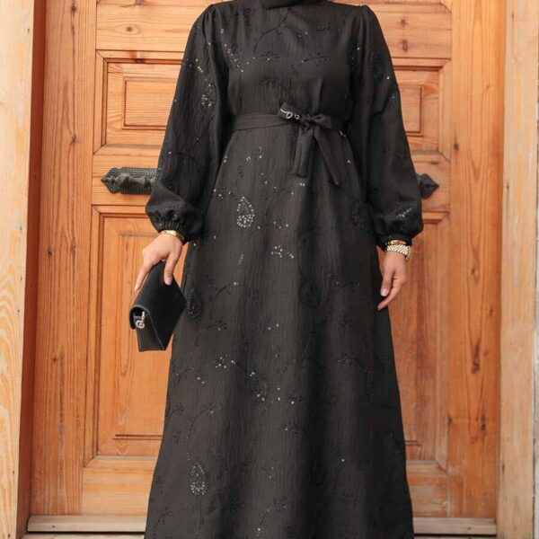فستان حجاب أسود منقوش بالزهور 30441s