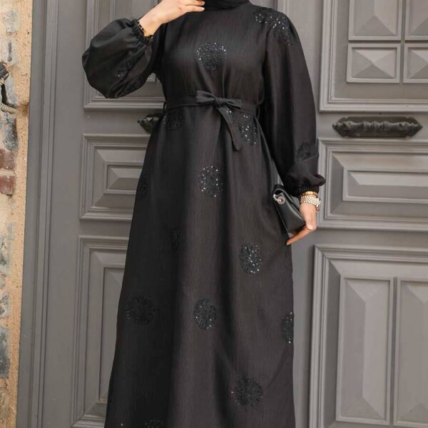 فستان حجاب أسود منقوش بالزهور 30442s
