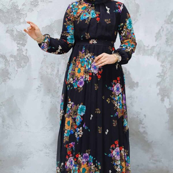 فستان حجاب أسود منقوش بالزهور 34468s
