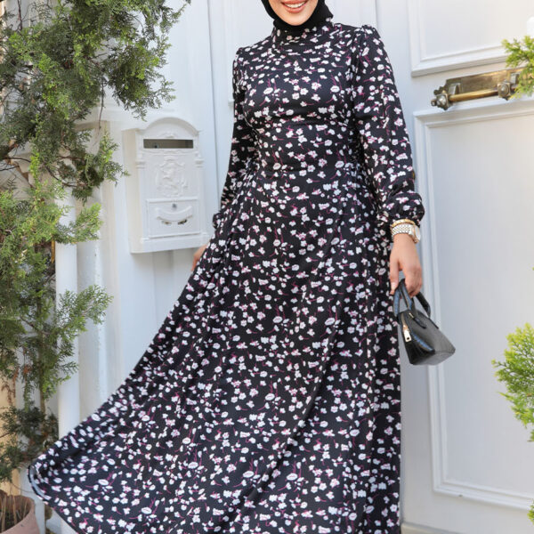 فستان حجاب أسود منقوش بالزهور 61071s