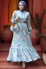 فستان حجاب فيروزي منقوش بالزهور 60901tr