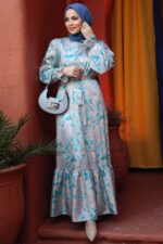 فستان حجاب فيروزي منقوش بالزهور 60901tr - صورة من 2