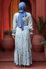 فستان حجاب فيروزي منقوش بالزهور 60901tr - صورة من 3