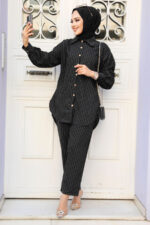 بدلة حجاب سوداء مخططة مزدوجة 2893s