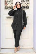 بدلة حجاب سوداء مخططة مزدوجة 2893s - صورة من 2