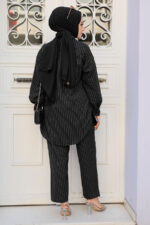 بدلة حجاب سوداء مخططة مزدوجة 2893s - صورة من 3