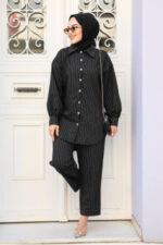 بدلة حجاب سوداء مخططة مزدوجة 2893s - صورة من 4