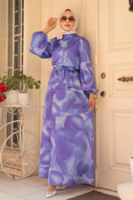 فستان حجاب بنفسجي منقوش 23424mor