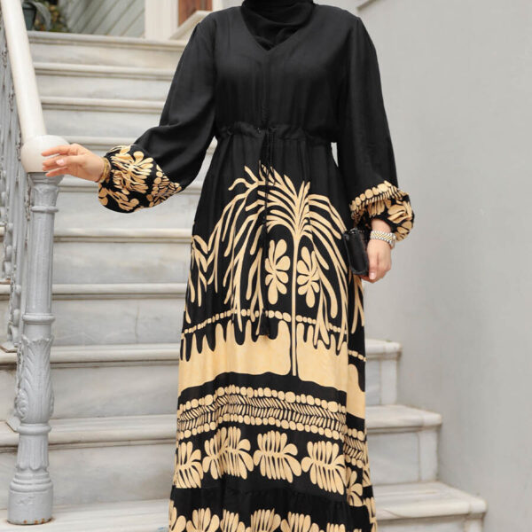 فستان حجاب أسود منقوش 10237s