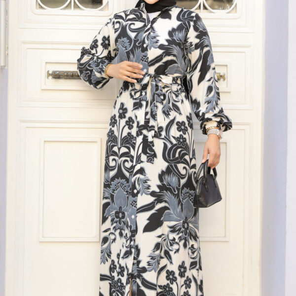 فستان حجاب أسود منقوش 90061s