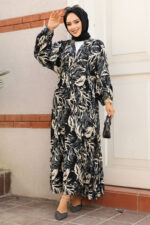 فستان حجاب أسود منقوش 23581s