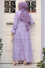 فستان حجاب أرجواني مزين بالدانتيل 13440lıla - صورة من 3