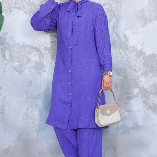 بدلة حجاب أرجوانية مزدوجة بأكمام مطوية 51991mor