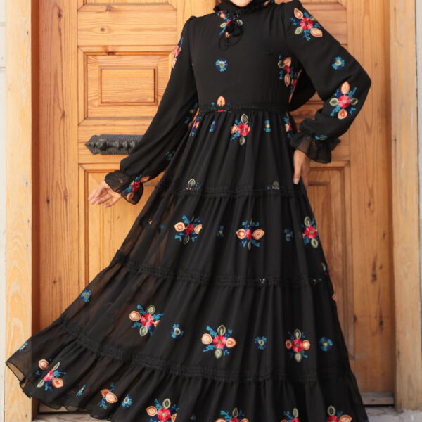 فستان حجاب أسود منقوش بالتطريز 45541s