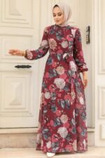 نيفا ستايل - فستان حجاب أحمر كلاريت منقوش بالزهور 279083br - صورة من 2