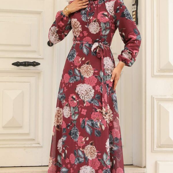 نيفا ستايل - فستان حجاب أحمر كلاريت منقوش بالزهور 279083br