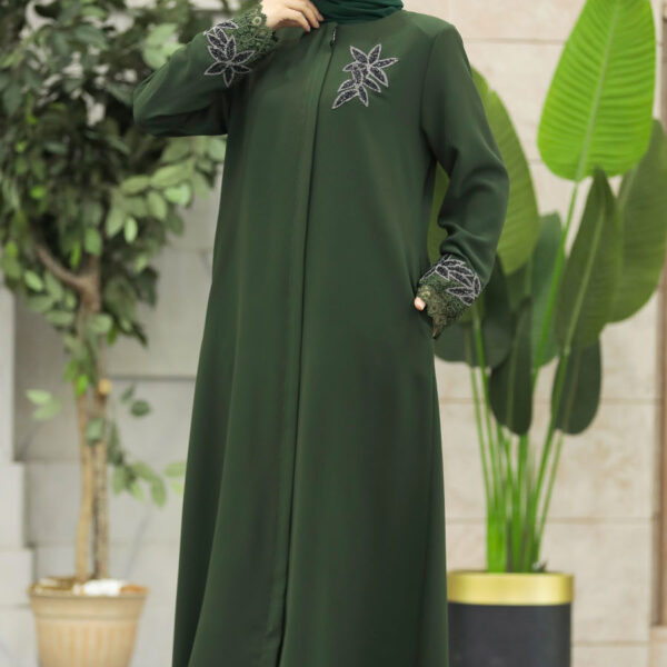 نيفا ستايل - عباية حجاب كاكي بتفاصيل زهور 62533hk