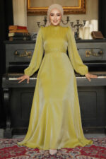 فستان سهرة حجاب - فستان سهرة حجاب أخضر زيتي مع تفاصيل خرز 23302yy - صورة من 3