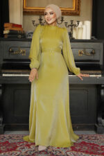 فستان سهرة حجاب - فستان سهرة حجاب أخضر زيتي مع تفاصيل خرز 23302yy