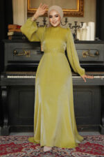 فستان سهرة حجاب - فستان سهرة حجاب أخضر زيتي مع تفاصيل خرز 23302yy - صورة من 2