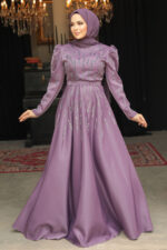 فستان سهرة حجاب - فستان سهرة حجاب أرجواني داكن مطرز 51891klıla