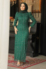 فستان سهرة حجاب - فستان سهرة حجاب أخضر مطرز 52052y - صورة من 4
