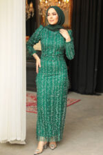 فستان سهرة حجاب - فستان سهرة حجاب أخضر مطرز 52052y