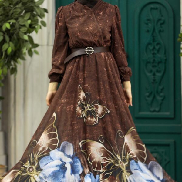 فستان سهرة حجاب - فستان سهرة حجاب بني منقوش 39211kh