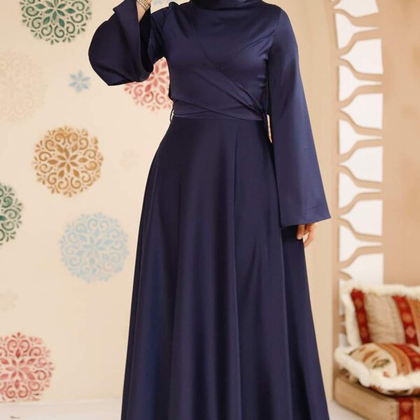 فستان سهرة حجاب - فستان سهرة حجاب ساتان أزرق كحلي 6157l