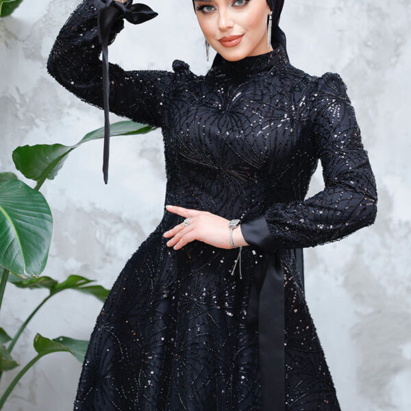 فستان سهرة حجاب - فستان سهرة حجاب أسود مع تطريز بالترتر والخرز 4908s