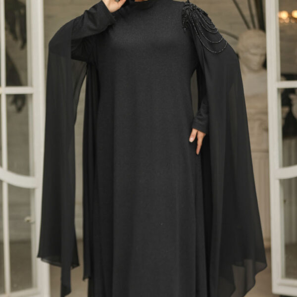 فستان سهرة حجاب - فستان سهرة حجاب أسود مع كيب 4624s