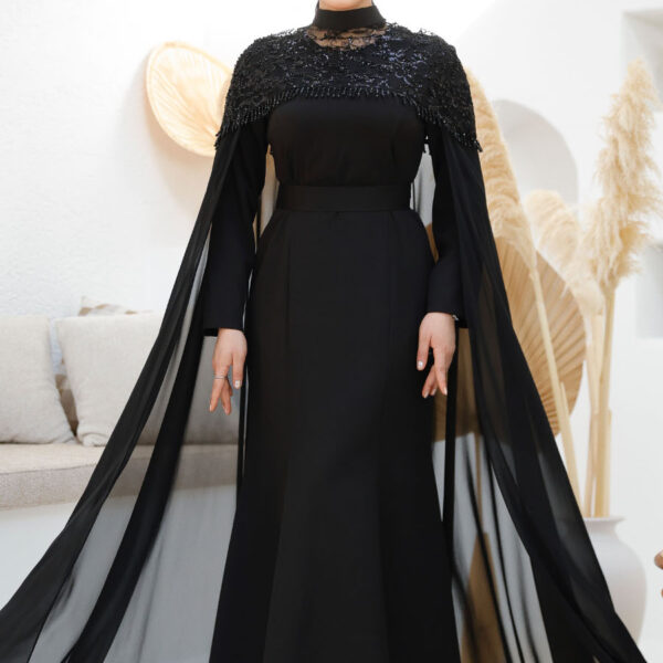 فستان سهرة حجاب - فستان سهرة حجاب أسود مع كيب 4653s