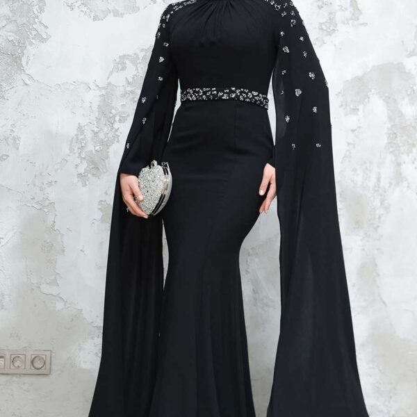 فستان سهرة حجاب - فستان سهرة حجاب أسود مع كيب 4863s
