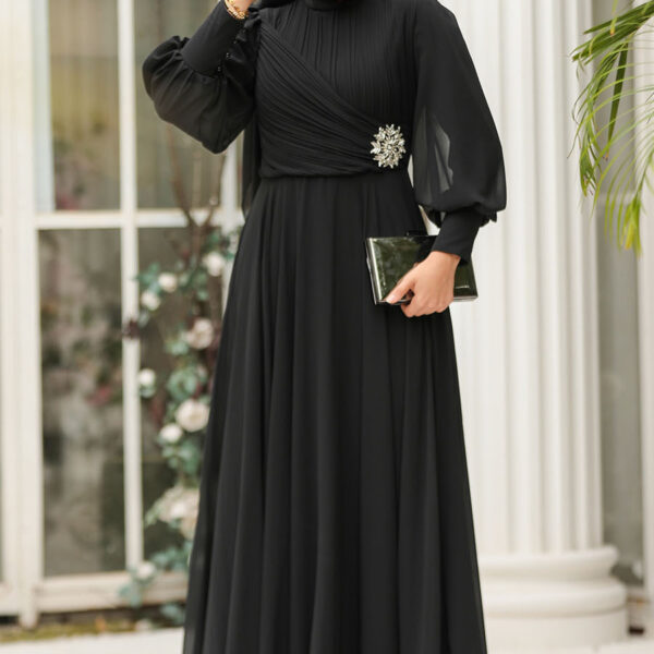 فستان سهرة حجاب - فستان سهرة حجاب أسود مع تفاصيل ثنيات 45221s
