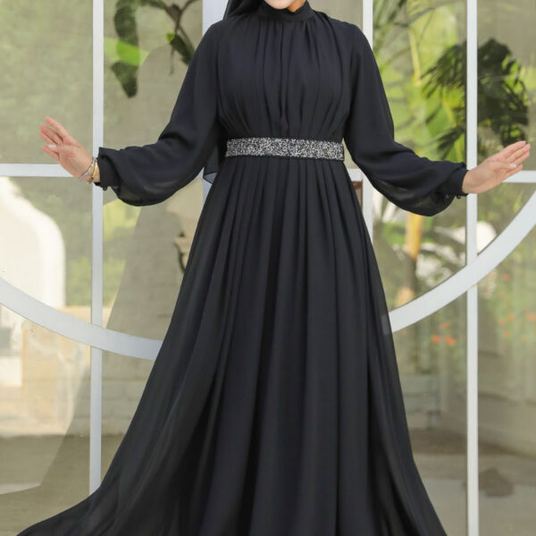فستان سهرة حجاب - فستان سهرة حجاب أسود مطوي 25888s