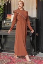 فستان سهرة حجاب - فستان سهرة حجاب بني مع حزام بإبزيم 664kh - صورة من 2