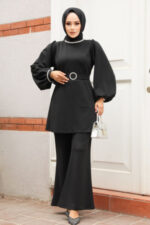 بدلة حجاب كريب سوداء مزدوجة مع إبزيم وحزام 20034s - صورة من 4