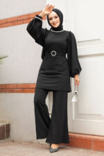 بدلة حجاب كريب سوداء مزدوجة مع إبزيم وحزام 20034s