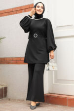 بدلة حجاب كريب سوداء مزدوجة مع إبزيم وحزام 20034s - صورة من 2