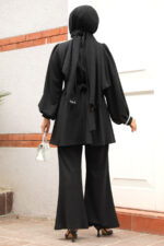 بدلة حجاب كريب سوداء مزدوجة مع إبزيم وحزام 20034s - صورة من 3